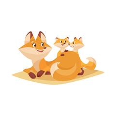 Baby cubs and fox mom cartoon illustration. Cute little animals playing games, having fun with parents isolated on white background. Pet, friendship, greeting concept