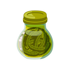 Full jar with canned pickles cartoon illustration. Tinned pickles in glass can. Canning, conserve, grocery, tinned or preserved food concept