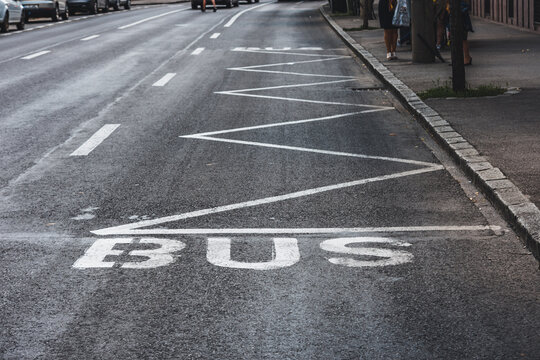 Bus road mark on black asphalt with a zig zag line to mark a bus station next to sidewalk