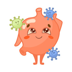 Happy stomach character with virus cartoon illustration. Healthy human organ with cute face touching microbes isolated on white background. Nutrition, digestive system concept