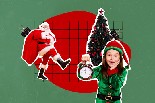 Creative drawing collage picture of funny funky santa claus carry present gift bag stack surprised excited kid elf helper hold clock