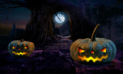 Halloween pumpkin on an old wooden table Halloween background in forest night with moon.