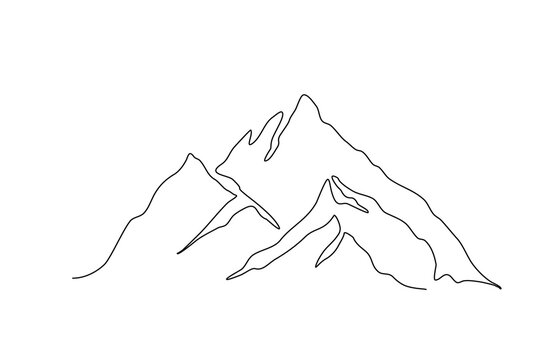 Continuous one line drawing of mountain landscape. High mounts peak lineart drawing vector design. Adventure, winter sports, hiking and tourism concept. Simple line mountain range landscape design.