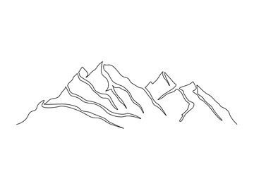 Continuous one line drawing of mountain landscape. Simple line mountain range landscape design. High mounts peak lineart drawing vector design. Adventure, winter sports, hiking and tourism concept.