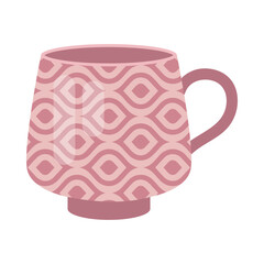 Modern pink mug cartoon illustration. Cute colorful cup with doodle pattern for coffee, tea, or matcha isolated on white background. Crockery for home or cafe, kitchen concept