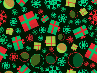 Christmas seamless pattern with Christmas balls, snowflakes, 3d gift boxes. Christmas pattern in memphis geometric style. Xmas design for printing and banner. Vector illustration