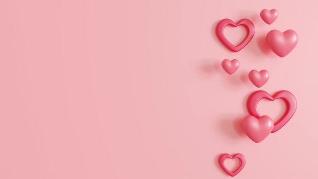 Pink animated background with hearts and copy space. Valentine's Day, Mother's Day, Wedding backdrop. Empty space for advertising text, invitation, logo. Trendy design. Love symbol. 3D animation.
