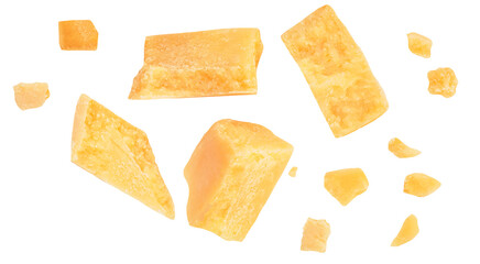 Pieces of parmesan cheese isolated on white background. Hard mature cheese Parmesan, Parmigiano