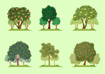 Trees with ripe fruit set. Vector illustrations of cultivated village garden in autumn. Cartoon apple plum cherry orange lemon apricot harvest isolated on green. Agriculture, growth, nature concept