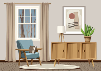 Autumn living room interior with an armchair, a dresser, an abstract painting, and a sansevieria plant (snake plant). Evening room interior. Cartoon vector illustration