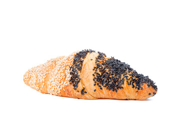 Croissants sprinkled with black and white sesame seeds. isolated on white background.