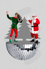 Vertical collage image of excited cool santa elf assistant hold boombox listen music sing...