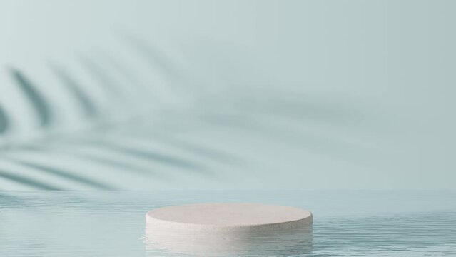 Podium standing in water, with palm shadow, on the blue background. Animated mock up for product, cosmetic presentation. Pedestal or platform for beauty products. Empty scene, stage. 3D rendering.