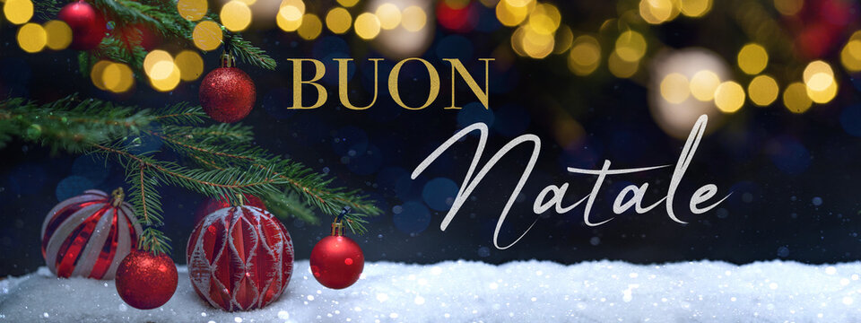 Buon Natale celebrazione vacanza sfondo banner panorama lunga cartolina d'auguri - Palline di Natale moderne rosse, palle di Natale sull'abete dell'albero di Natale con neve, fiocchi di neve e bokeh