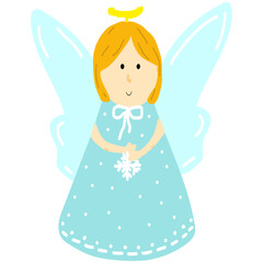 Cute hand drawn little Christmas angel with wings,print for holiday decoration,new year card,web design element,sweet character for poster,nursery decor.