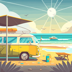 Vector design of a camping van parked at the beach on a sunny day - amazing for logos