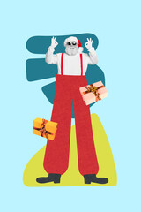 Creative photo 3d collage artwork poster postcard picture of funny funky man red pants costume enjoy event isolated on painting background