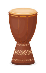 African djembe drum in cartoon style isolated on white background. Ethnic, traditional musical instrument.
