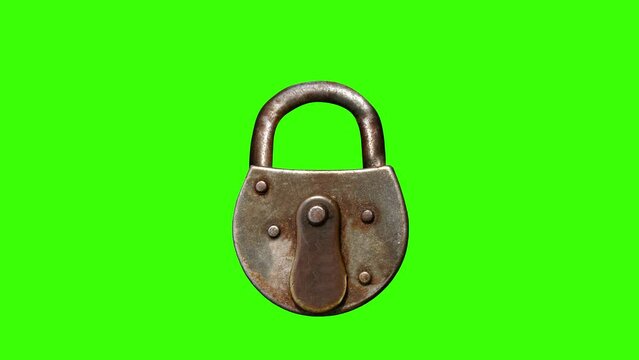 Opening and closing old rust padlock clamp isolated on green chroma key background computer generated graphic close view