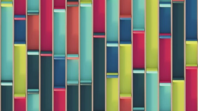 Colorful cylinders roll along lanes 3d looping animation. Conceptual abstract modern loop, geometric moving blocks, infographics, charts, finance market, transport. Infinite loop background, vertical