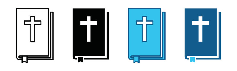 Religious book icon vector. Blue book with cross on cover icon set. Christian bible in flat and outline style. Bible symbol illustration 
