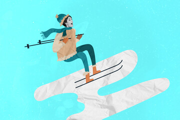 Creative collage picture of excited overjoyed girl black white colors free ride skiing have fun isolated on drawing background