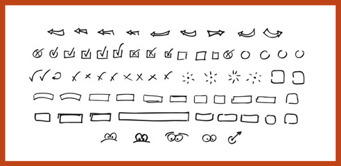 Super set of hand drawn arrows, stroke, shapes and elements. Doodle. Hand drawn icons set vol 1. Vector illustration
