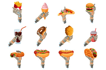 Robot hands holding fast food set. Vector illustrations of cyborg offering meals. Cartoon robotic arms with burger and hot dog, pizza and donut isolated on white. Delivery, innovation concept