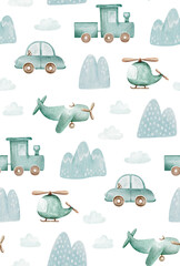 Watercolor cute toy transport pattern for kids or baby. Blue green helicopter plane car and train background