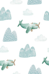 Watercolor cute airplane pattern for kids or baby. Blue green toy plane and mountains background