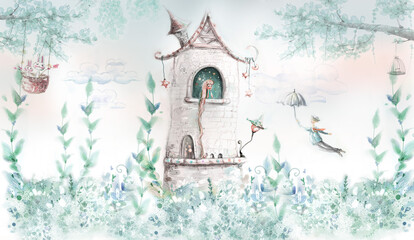 Castle. Princess in the tower. Wallpaper for childern. Art backgronud illustration. 	 - obrazy, fototapety, plakaty