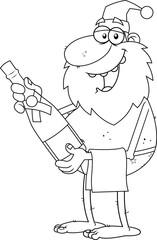 Outlined Drunk Naked Santa Claus Cartoon Character Opens Champagne. Vector Hand Drawn Illustration Isolated On Transparent Background