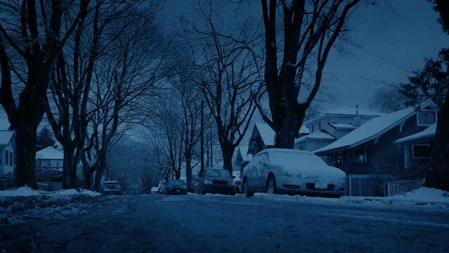 Suburbs On Snowy Winter Evening