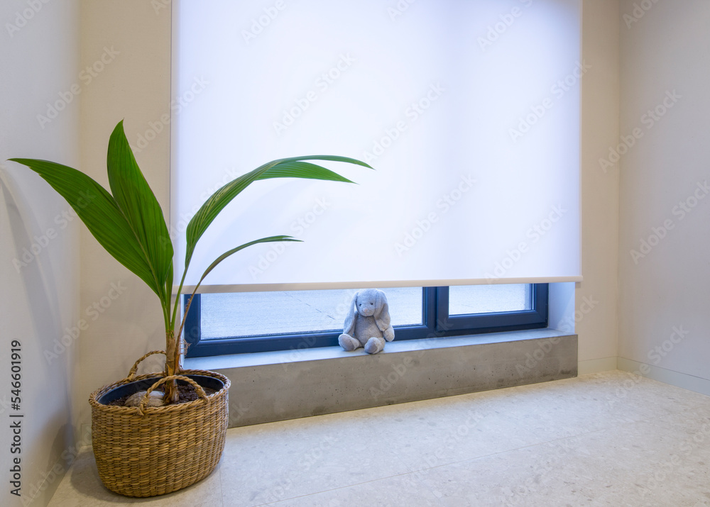 Aufkleber roller shade motorized in the interior. automatic roller blinds white color on big window. remote co