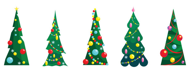 Vector set of cartoon fir trees, pine trees for greeting card, invitation, banner, web. New Year and Christmas traditional tree with garlands, balls, star. Winter holidays