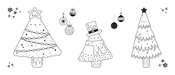 Coloring page with cute christmas trees. Black and white vector illustration.