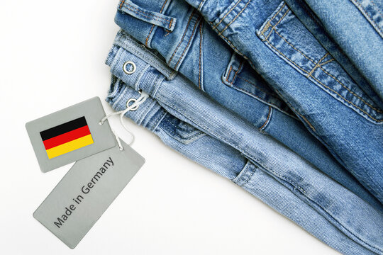 Detail of blue jeans, label and Made in Germany lettering. Stock Photo |  Adobe Stock