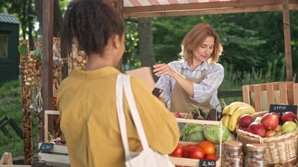 Rear of young African American woman buying food at market outdoors paying with credit card. Caucasian female farmer selling organic farm vegetables at food market counter. Buyer concept