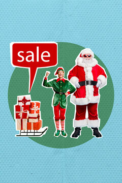 Composite collage picture image of santa claus elf helper workshop sledge presents gifts delivery sale shopping pop sketch artwork abstract