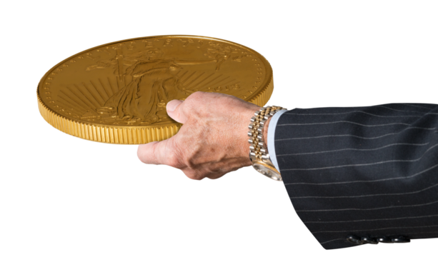 Isolated three traders hands holding large gold coin