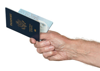 Senior caucasian hand holding US passport