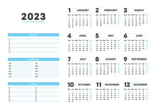 2023年の12ヶ月･1年分のカレンダーと年間計画･月間計画･TODOリストのプランナーセット - 月曜始まり･A版比率
