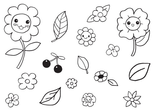 cute Flowers and leaves doodle Hand Drawn isolated on white background.