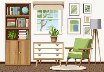 Living room interior with a bookcase, an armchair, and a dresser. Retro Scandinavian interior design. Cartoon vector illustration