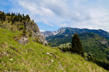 Fototapeta na wymiar alpine view from a hiking trail in the scenic sun-drenched Bavarian Alps against the clear blue sky on a beautiful spring day in Oberjoch, Bad Hindelang in Bavaria (Germany)
