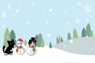 Lovely, cute Landscape snowing on the hill and pinetree with cats play with the snowman on Christmas winter photo for background backdrop wallpaper Christmas card