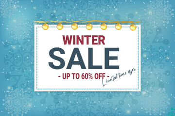 Winter sale vector banner template with white snowflakes background. Vector illustration.
