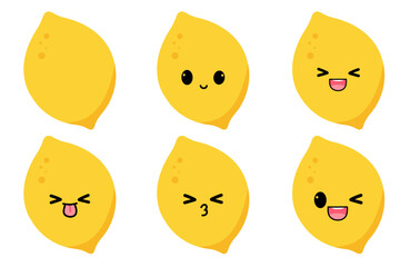 Yellow lemon with kawaii eyes. Flat design vector illustration of yellow lemon on white background