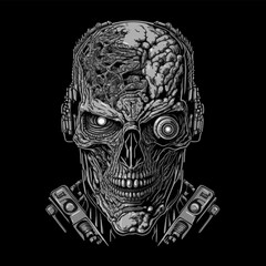 cyborg zombie skull head in greyscale color, humanoid, cyber zombie face illustration, apparel art design, realistic digital art, portrait, tattoo, silver robotic face