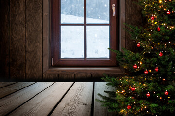 Geöffnetes Fenster an Weihnachten mit Weihnachtsbaum